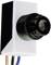 Electronic twilight switch with black lens and white housing. Used to control lighting depending on daylight conditions.