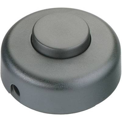 A grey, round push button in black.