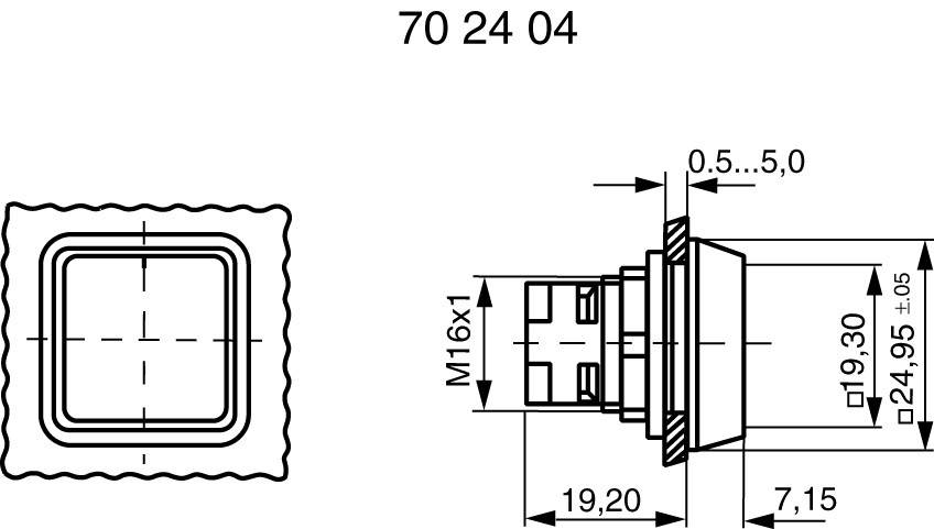 Technical drawing of a square switch with dimensions: Width 19.20 mm, Height 24.95 ±0.5 mm. Thread M16x1, Installation depth 7.15 mm.