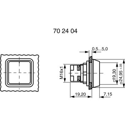 Technical drawing of a square switch with dimensions: Width 19.20 mm, Height 24.95 ±0.5 mm. Thread M16x1, Installation depth 7.15 mm.