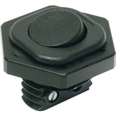 A hexagonal, black plastic button with a round, raised push button in the centre. The button has a ribbed base for mounting.