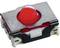 Red, square microswitchwith a metal cover and a protruding button in the centre, suitable for electronic devices.