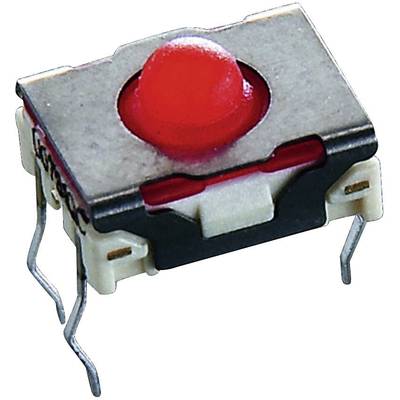 A red pushbutton with a metal enclosure and four angled terminals, suitable for printed circuit board mounting.