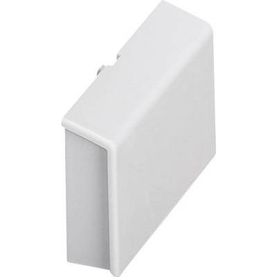 A white, rectangular angular bracket that serves as an end cover for an electronic or technical device.