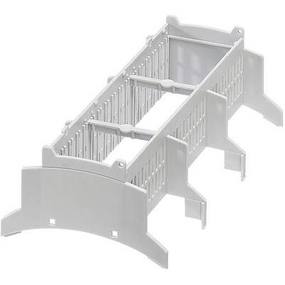 Grey plastic dishwasher shelf support with multiple compartments for organising crockery in a standard dishwasher.