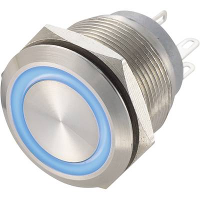 Silver metal button with blue illumination ring, two connection terminals at the rear. Suitable for mechanical switching applications.