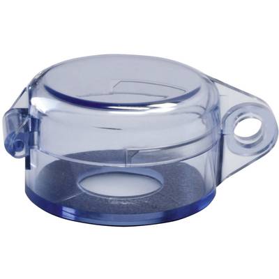 Transparent blue plastic cover with side cut-out and mounting hole.