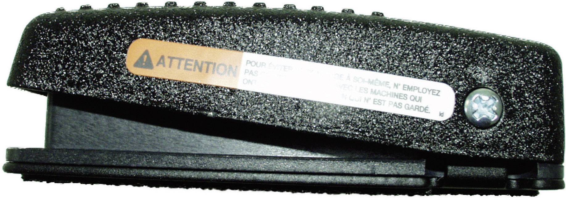'Black industrial switch with orange warning marking and screw fixing. Safety precautions notice visible.'