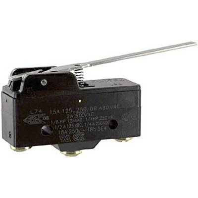 Black micro switch with metal lever arm, suitable for 15A 125-250 VAC or 2A 600 VAC, with multiple international approval marks.