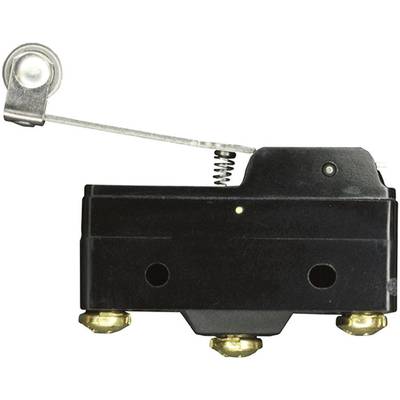 A black micro-switch with a lever arm and gold screw terminals, used in electrical circuits for signal control.