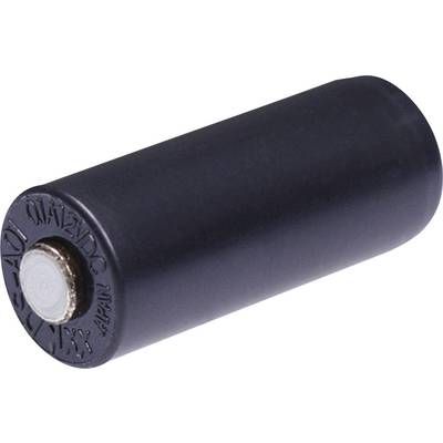 A single black battery in close-up, slightly tilted, with visible silver negative terminal.
