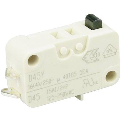 A white micro-switch with printed markings and connection terminals. It displays technical specifications for current and voltage.