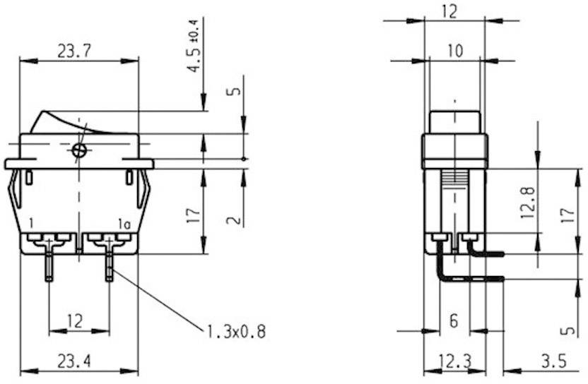Technical drawing of a switch with precise dimensional specifications in millimetres. Shows side and front views for mounting and wiring.