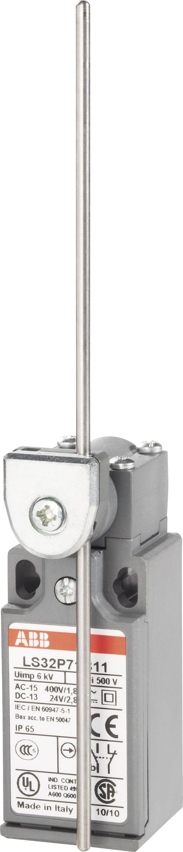 An ABB limit switch with a long, straight metal lever, metal housing, label with specifications and test marks.