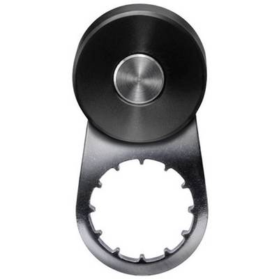 Metal keyring with a round, shiny button at the top and a serrated opening at the bottom, suitable for opening bottles.