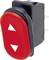 Red toggle switch with white triangles pointing up and down. Used to change settings in electronic devices.