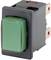 A rectangular rocker switch with a green indicator in the centre, surrounded by a black frame, with copper contacts on the side.