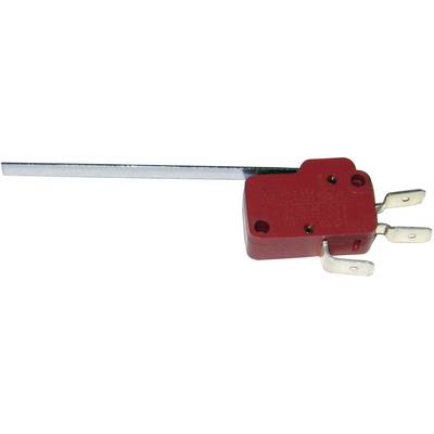 Red micro switch with long metal lever and three metal contacts.