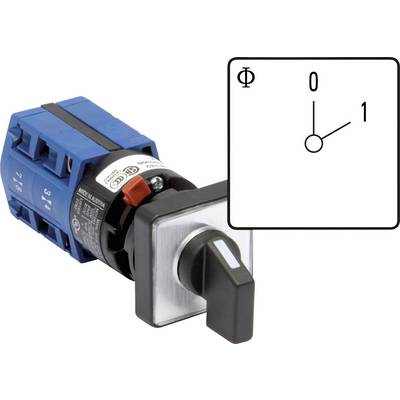 Two-position rotary switch: '0' (off) and '1' (on). Blue casing and black handle. Symbol on top indicates switch positions.