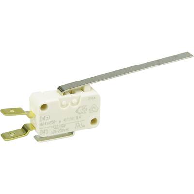 Microswitch with long lever, suitable for electrical circuits. White housing, metal contacts, model number printed.