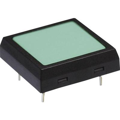 A square, green push button in a black housing, with four metal pins on the underside for mounting on a printed circuit board.