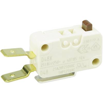 A microswitch in white, with two metal hinges. Suitable for 250VAC and 125VAC applications.