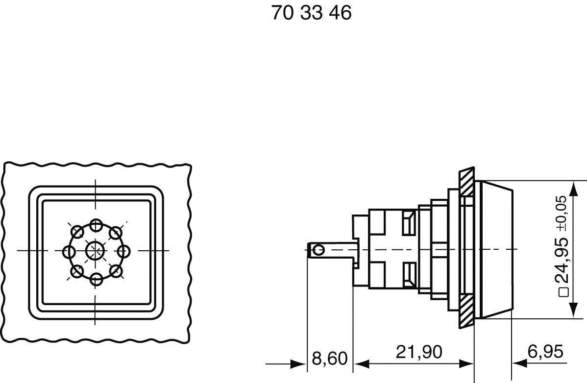 Technical drawing of a switch with dimensions: Square 33x33 mm, housing depth 21.90 mm, visible depth 6.95 mm.