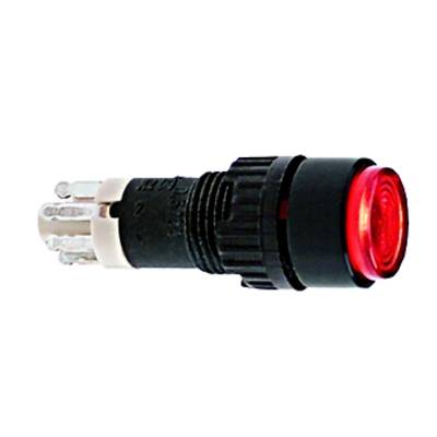 'Red LED Push Button Switch', cylindrical design, suitable for electronic devices, illuminated when activated, rear connection.