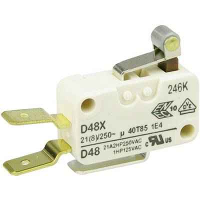 A microswitch with lever and two terminals, model 'D48X', rated for 250V and 21A, with certification marks on the surface.
