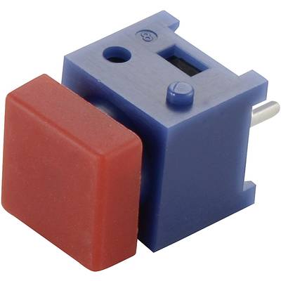 A blue electrical switch with a red cover button, rectangular in shape, with side connectors.