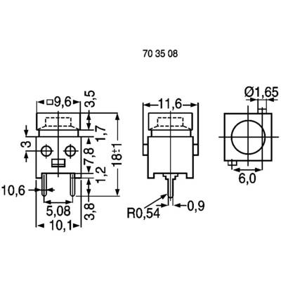 Technical drawing of an electronic component with dimensions in millimetres. Front, side, and top views with detailed measurements.