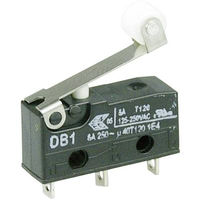 A microswitched with a lever arm and three terminals. Labelled with specifications such as 'DB1', '5A 250V', and '125/250VAC'.