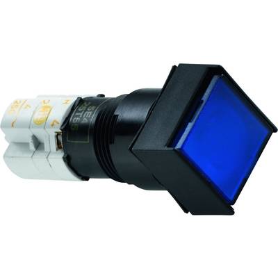 A blue square push button with a black housing and white connection part, potentially suitable for industrial controls.