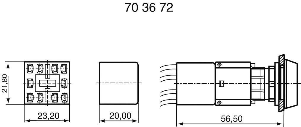 Technical drawing of an electrical component with dimensions: 23.20 x 21.80 x 20.00 mm; total width 56.50 mm.