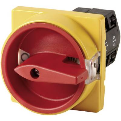 A red emergency stop button in a yellow housing. Used for safety shut-off of electrical equipment.