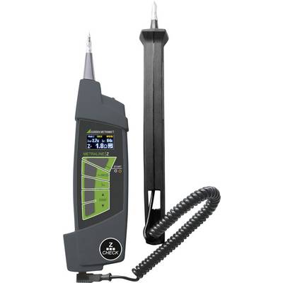 A digital testing device with two measuring probes, a display showing measurements, and a spiral-shaped cable.