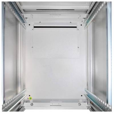 Open metal cabinet with robust side walls and mounting rails for the installation of technical equipment.