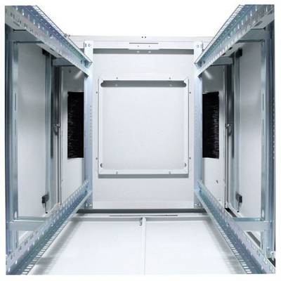 Interior view of an empty network rack with mounting rails on the sides for device installation.