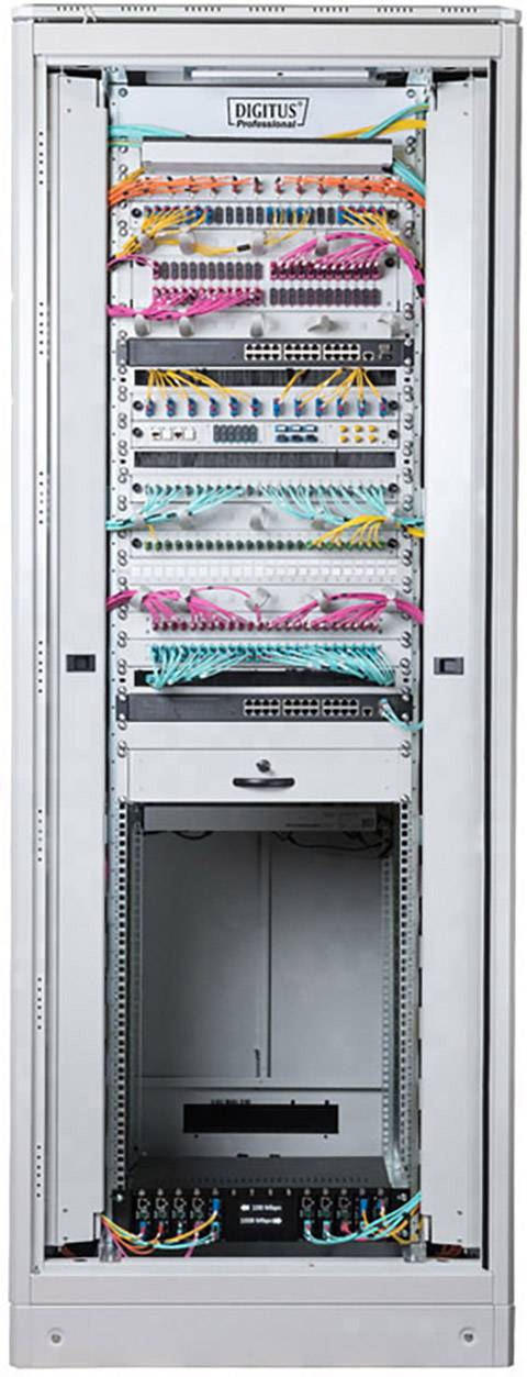 A network rack filled with cables and hardware components, organised across multiple levels. Colour-coded cables connect the devices.