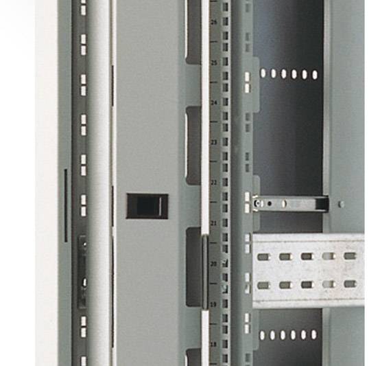 A grey metal enclosure with vertical rail systems and numbered markings, likely for electrical cabinets or server racks.