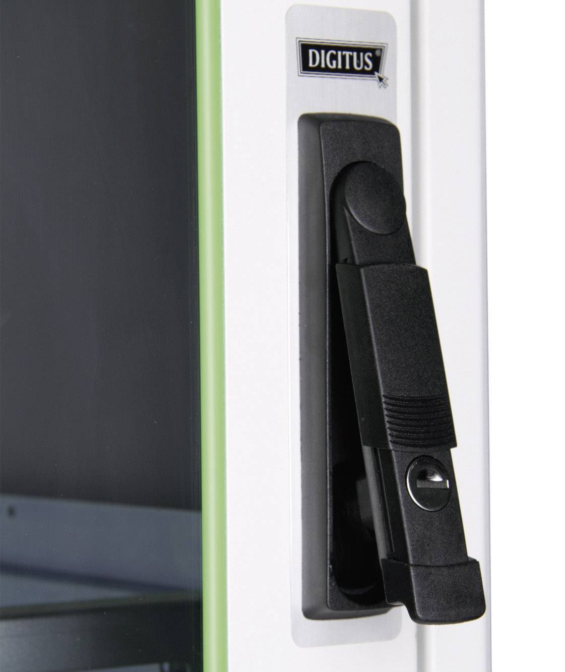 Close-up of a black bolt on a white door with a green border. The brand name 'Digitus' is located in the top left corner.