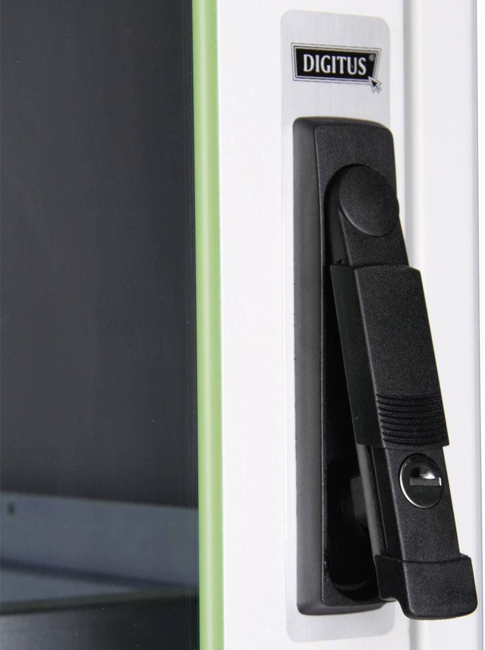 Rack door handle of a network rack with a black lever handle. The word 'DIGITUS' is mounted at the top of the door.