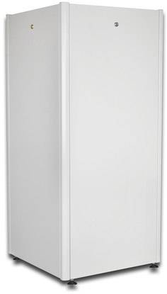 A white, spacious server cabinet on wheels, closed, with no visible cables or equipment.
