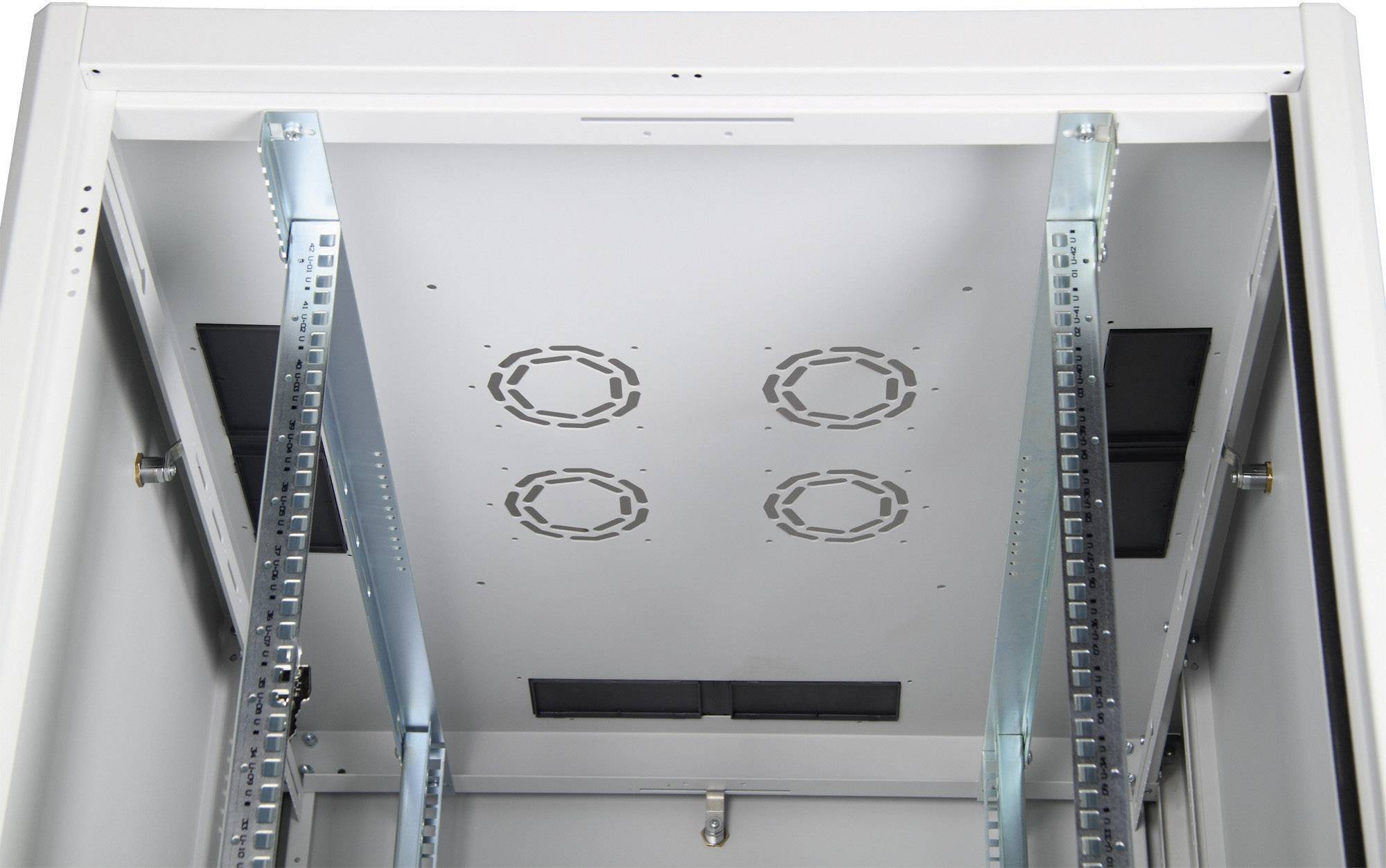 An empty server rack with integrated mounting rails and ventilation elements at the top, ready for hardware installation.