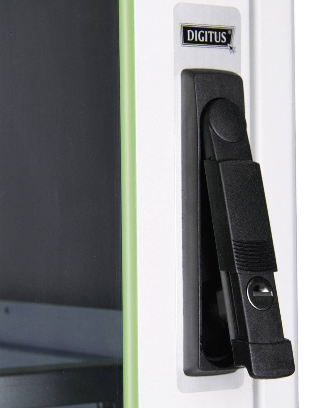 Handle of a white cabinet with a black locking lever, brand 'Digitus'.