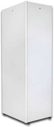 White, standing metal cabinet door in a narrow room, suitable for storage.