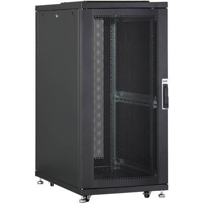 A black server cabinet on wheels with a perforated door for ventilation. Suitable for storing IT equipment in data centres.