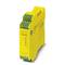 Yellow safety relay module with multiple connection terminals, used for controlling and monitoring safety functions in electrical systems.