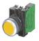 A yellow push button with a black housing and green electrical connection module, suitable for industrial control systems.