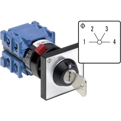 A blue and black key switch with four connection points. Top right, a circuit diagram with numbers 1 to 4.